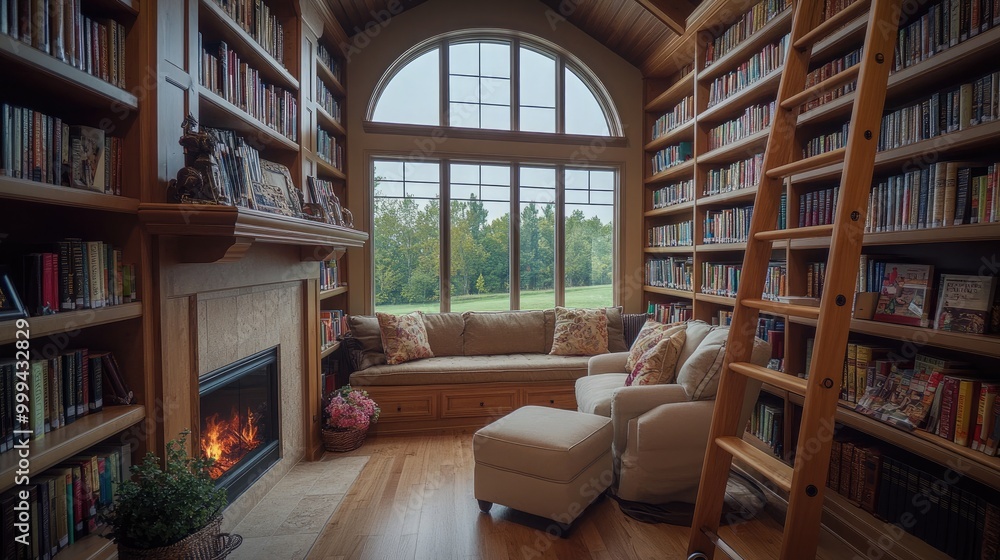 A cozy home library with built-in bookshelves A cozy home library with built-in bookshelves