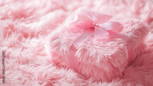 A square-shaped gift box wrapped in a fluffy pink material and tied with a shimmering pink ribbon bow.