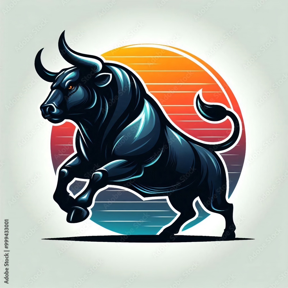 Powerful Black Bull with Sunset Background Logo Design Powerful Black Bull with Sunset Background Logo Design