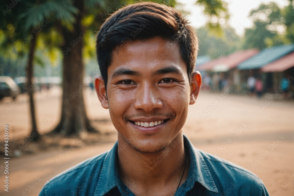 Close portrait of a smiling young Cambodian man looking at the camera, Cambodian outdoors blurred background Close portrait of a smiling young Cambodian man looking at the camera, Cambodian outdoors blurred background