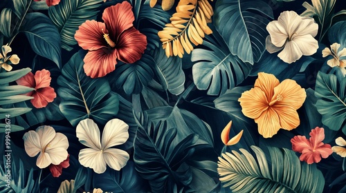 Wallpaper Mural Tropical Floral Pattern   Dark Green Leaves  Hibiscus Flowers  Seamless Design Torontodigital.ca