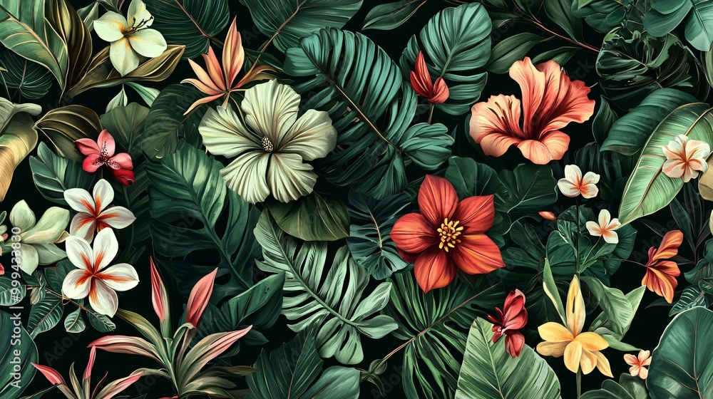 Tropical Floral Pattern with Lush Green Leaves Tropical Floral Pattern with Lush Green Leaves