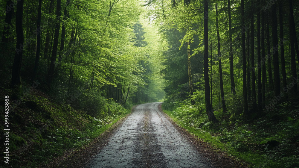Fototapeta premium A tranquil forest road lined with lush greenery, inviting exploration on a serene day