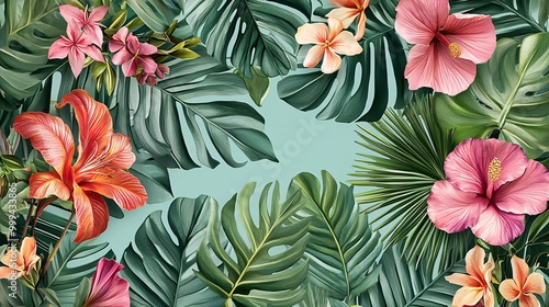 Tropical Flowers and Leaves Background