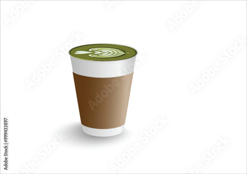 Hot green tea latte in white paper container cup with brown sleeve in white background