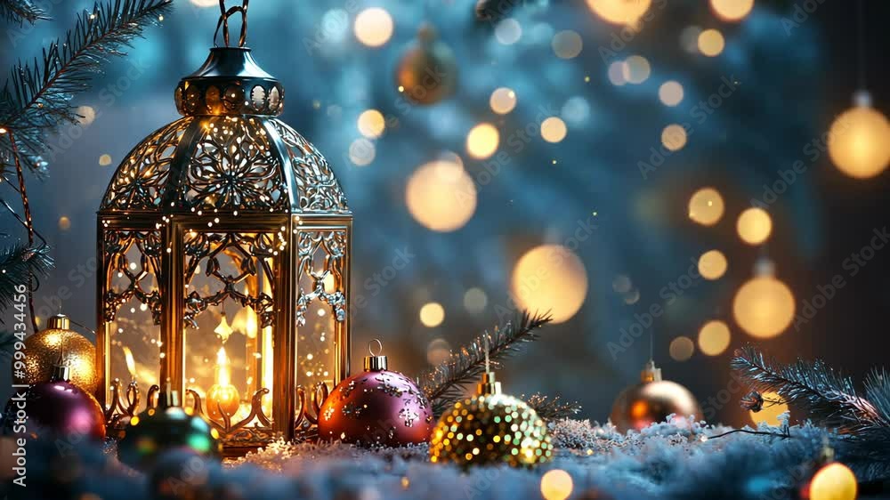 A lit lantern sits in the snow with ornaments around it, creating a cozy winter scene A lit lantern sits in the snow with ornaments around it, creating a cozy winter scene