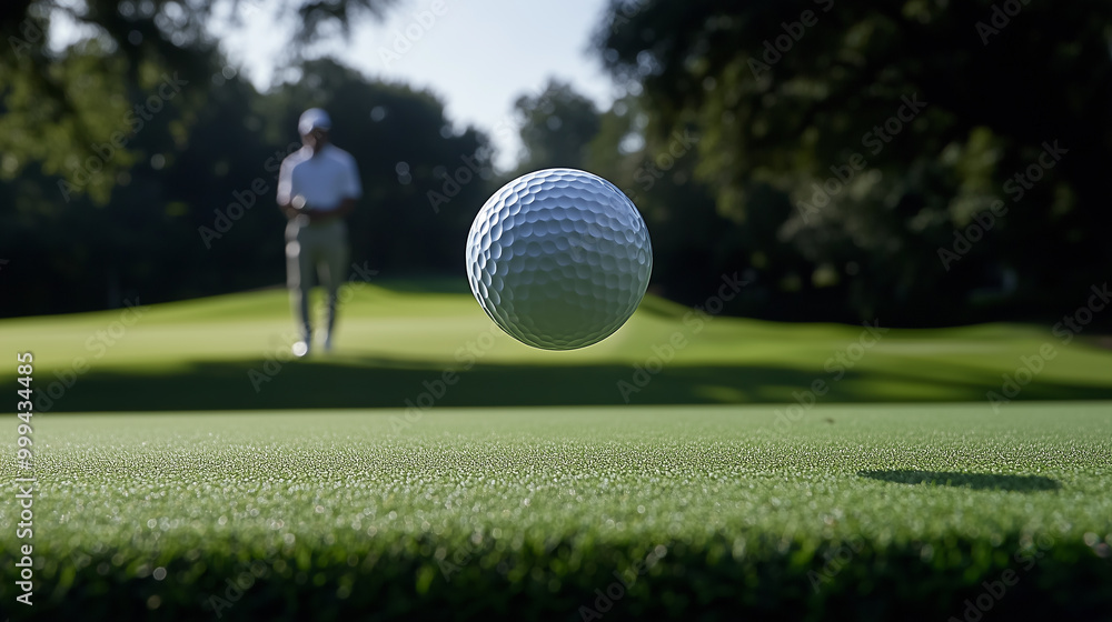 Golfer Approaches Ball in Mid-Air ball into the hole on a green course, enjoying a game of golf outdoors Golfer Approaches Ball in Mid-Air ball into the hole on a green course, enjoying a game of golf outdoors