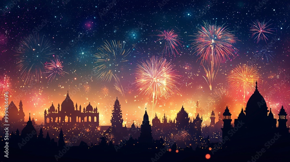 Fototapeta premium Festive Fireworks Display Over Cityscape Silhouette at Night