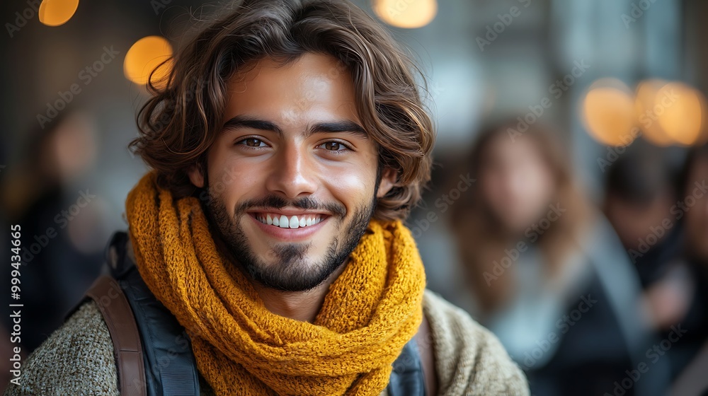 Portrait of a smiling young man wearing a yellow scarf. Portrait of a smiling young man wearing a yellow scarf.