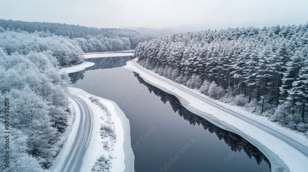 A rural road winding through a snow-dusted forest, with frozen lakes on either side, reflecting the grey winter sky and creating a mirrored winter wonderland A rural road winding through a snow-dusted forest, with frozen lakes on either side, reflecting the grey winter sky and creating a mirrored winter wonderland