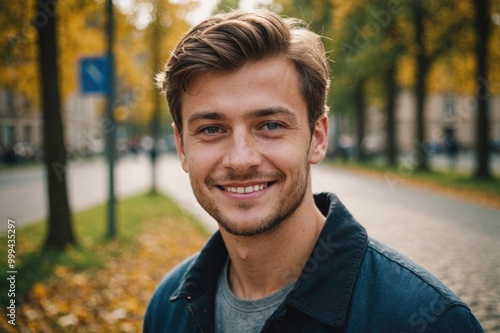 Close portrait of a smiling young Czech man looking at the camera, Czech outdoors blurred background