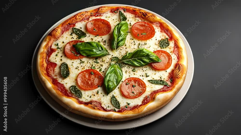 A fresh pizza with pepperoni and basil sits on a white plate against a dark background A fresh pizza with pepperoni and basil sits on a white plate against a dark background