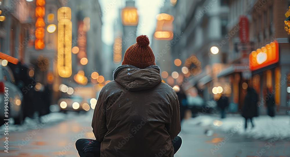 Rear view. A homeless person sitting on the pavement, surrounded by city life. Rear view. A homeless person sitting on the pavement, surrounded by city life.