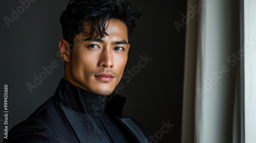 Portrait of Handsome Young Asian Man in Black Suit