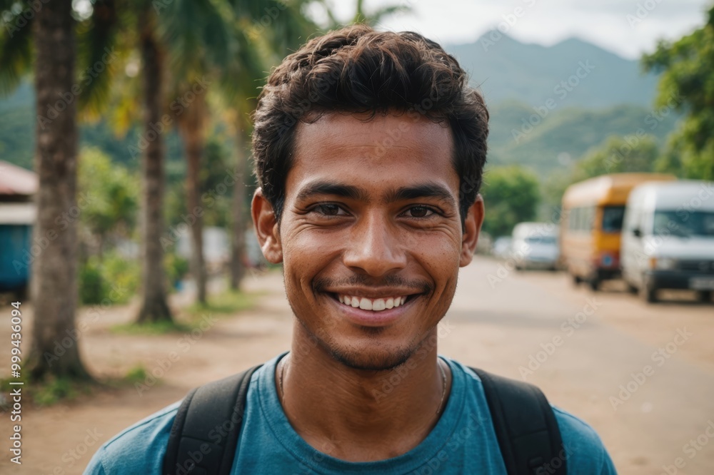 Close portrait of a smiling young East Timorese man looking at the camera, East Timorese outdoors blurred background Close portrait of a smiling young East Timorese man looking at the camera, East Timorese outdoors blurred background