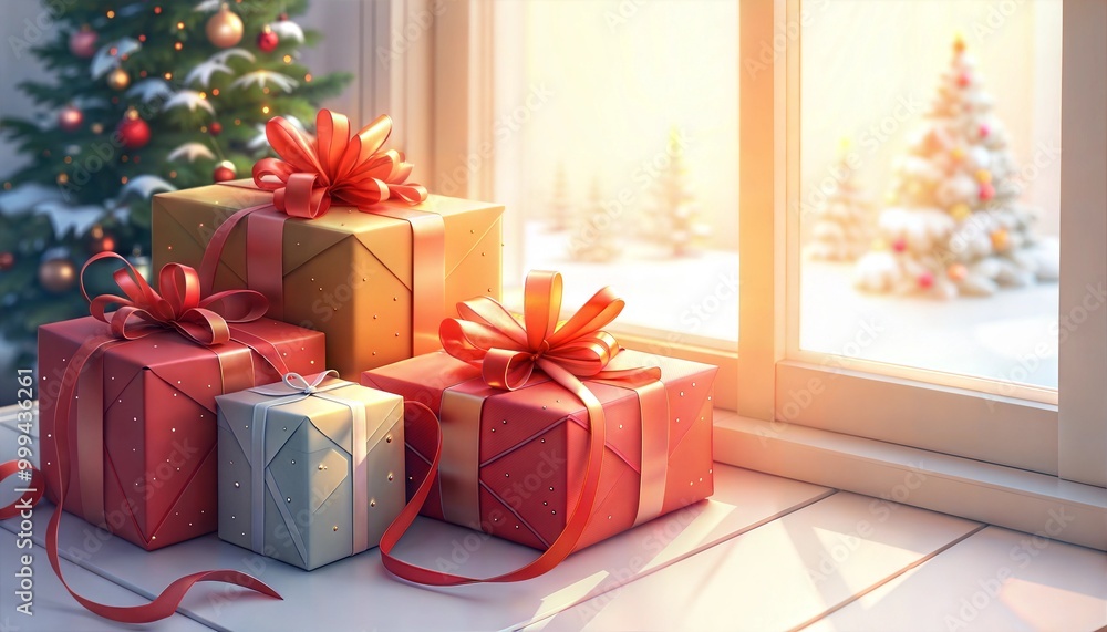 Beautifully wrapped Christmas gifts with ribbons near window showcasing festive winter scene
Beautifully wrapped Christmas gifts with ribbons near window showcasing festive winter scene