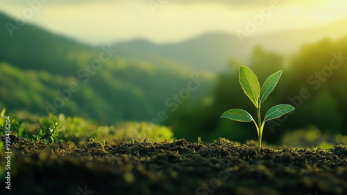 Young plant seedling emerging from soil with sunlight in the background.