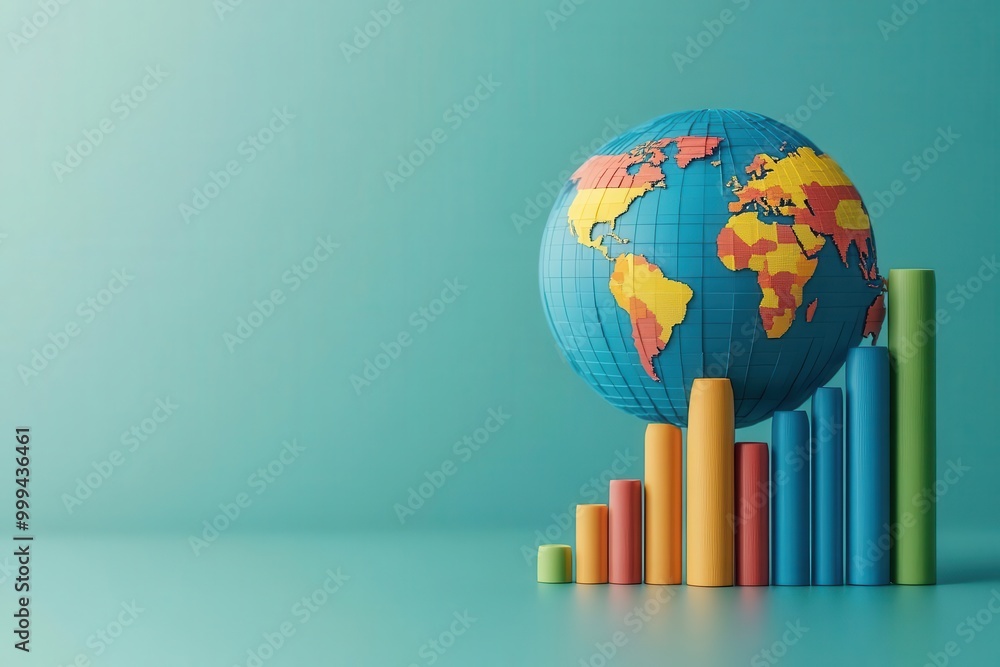 A vibrant globe placed on rising colorful bars, symbolizing global growth and development in economics and analytics. A vibrant globe placed on rising colorful bars, symbolizing global growth and development in economics and analytics.