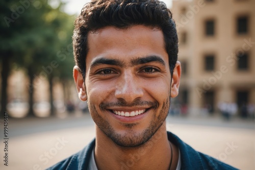 Close portrait of a smiling young Egyptian man looking at the camera, Egyptian outdoors blurred background photo