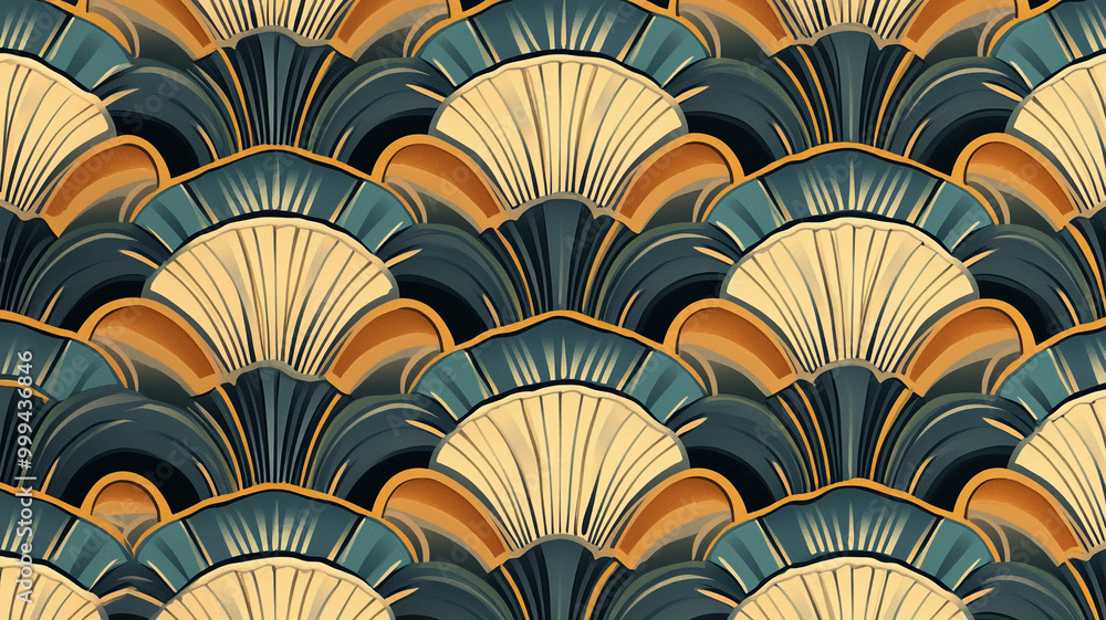Intricate fan pattern design featuring waves in calming blue and gold tones Intricate fan pattern design featuring waves in calming blue and gold tones