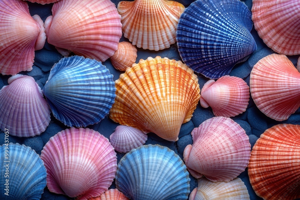 Top View of Colorful Seashell Pattern with Blue and Pink Seashell Texture, Natural Shell Design for Summer Concept
Top View of Colorful Seashell Pattern with Blue and Pink Seashell Texture, Natural Shell Design for Summer Concept