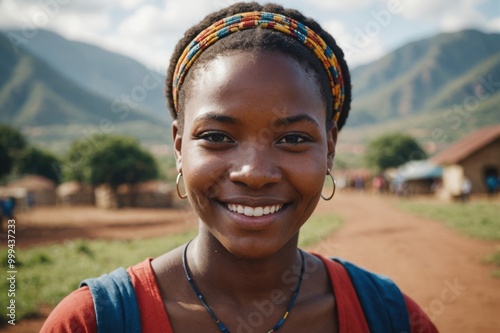 Close portrait of a smiling young Eswatini woman looking at the camera, Eswatini outdoors blurred background photo