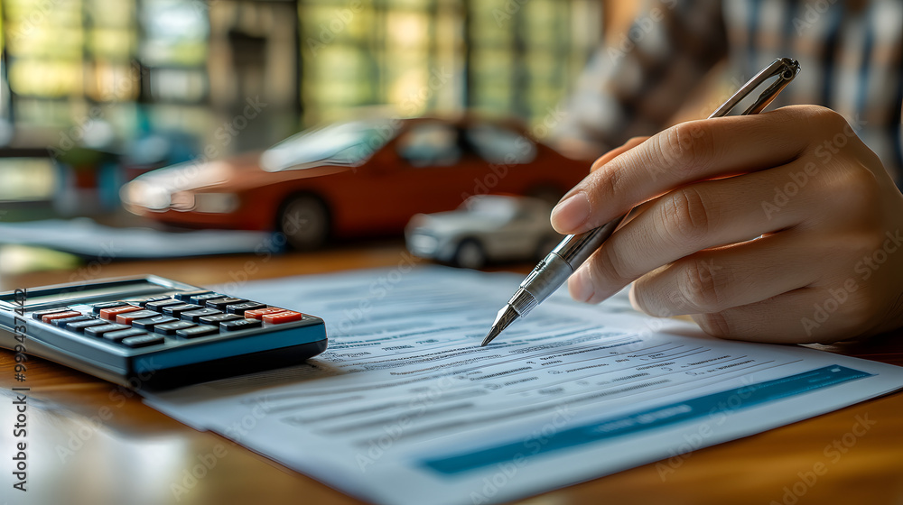 A Person Filling Out a Car Insurance Enrollment Form with Focused Attention, Illustrating the Process of Securing Coverage for Vehicles, Emphasizing the Importance of Insurance for Peace of Mind and F A Person Filling Out a Car Insurance Enrollment Form with Focused Attention, Illustrating the Process of Securing Coverage for Vehicles, Emphasizing the Importance of Insurance for Peace of Mind and F