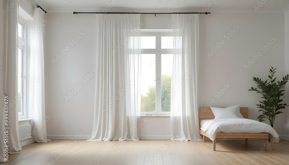 A bright and airy bedroom with large windows covered by long, white curtains. The room has a minimalist, modern design with a wooden floor and a simple bench or chair in the foreground. A bright and airy bedroom with large windows covered by long, white curtains. The room has a minimalist, modern design with a wooden floor and a simple bench or chair in the foreground.