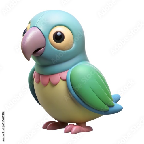 Colorful cartoon parrot toy character with vibrant feathers and cheerful expression 