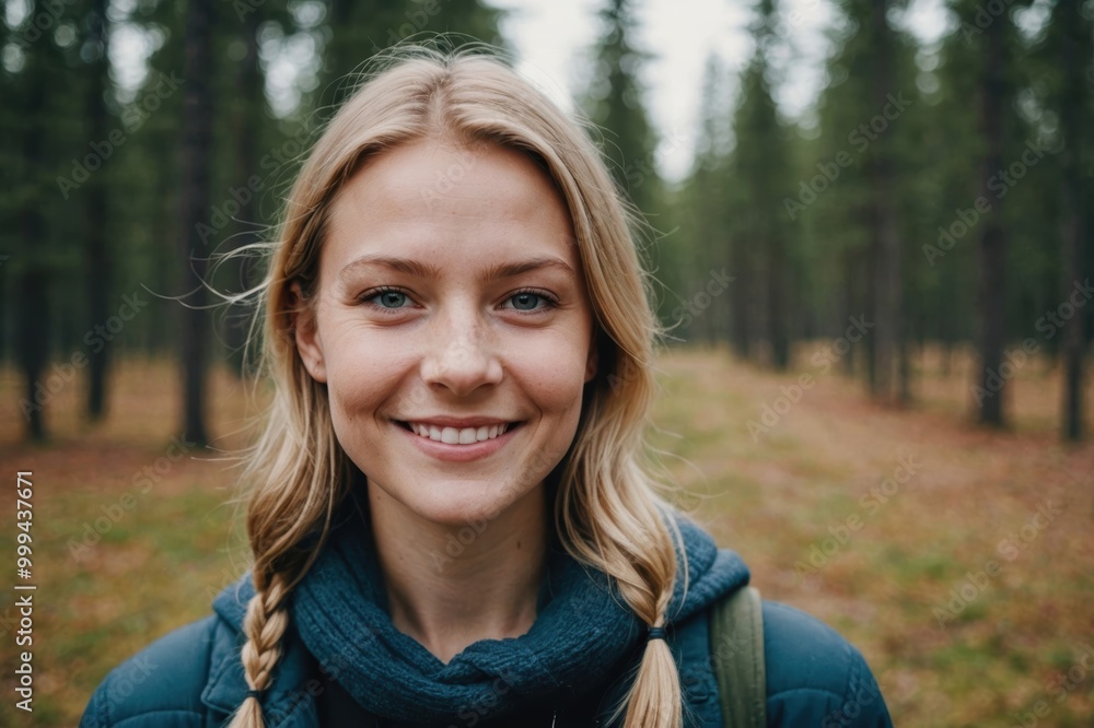 Close portrait of a smiling young Finnish woman looking at the camera, Finnish outdoors blurred background Close portrait of a smiling young Finnish woman looking at the camera, Finnish outdoors blurred background