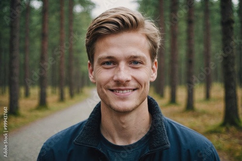 Close portrait of a smiling young Finnish man looking at the camera, Finnish outdoors blurred background
