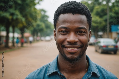 Close portrait of a smiling young Gabonese man looking at the camera, Gabonese outdoors blurred background