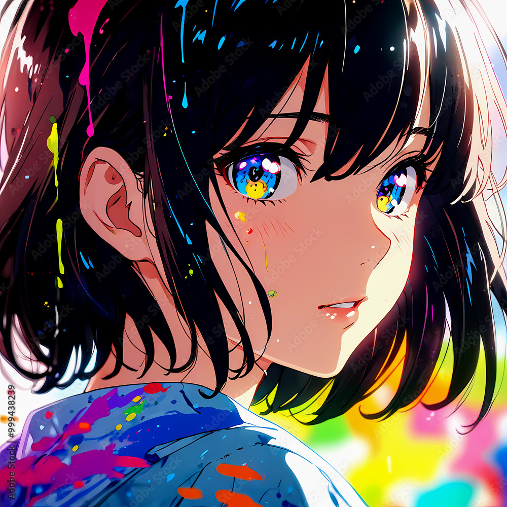Naklejka premium An Anime Character's Vivid Expression: A Close-Up Face Splashed with Bright Paint, Wide Eyes Full of Joy and Surprise, Set Against a Colorful splash on hair