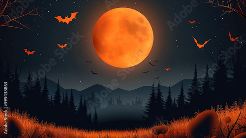 Orange moon shining against a dark Halloween night, framed with fun Halloween elements like spiders and bats in a cute, simple vector design.