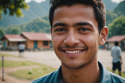 Close portrait of a smiling young Guatemalan man looking at the camera, Guatemalan outdoors blurred background