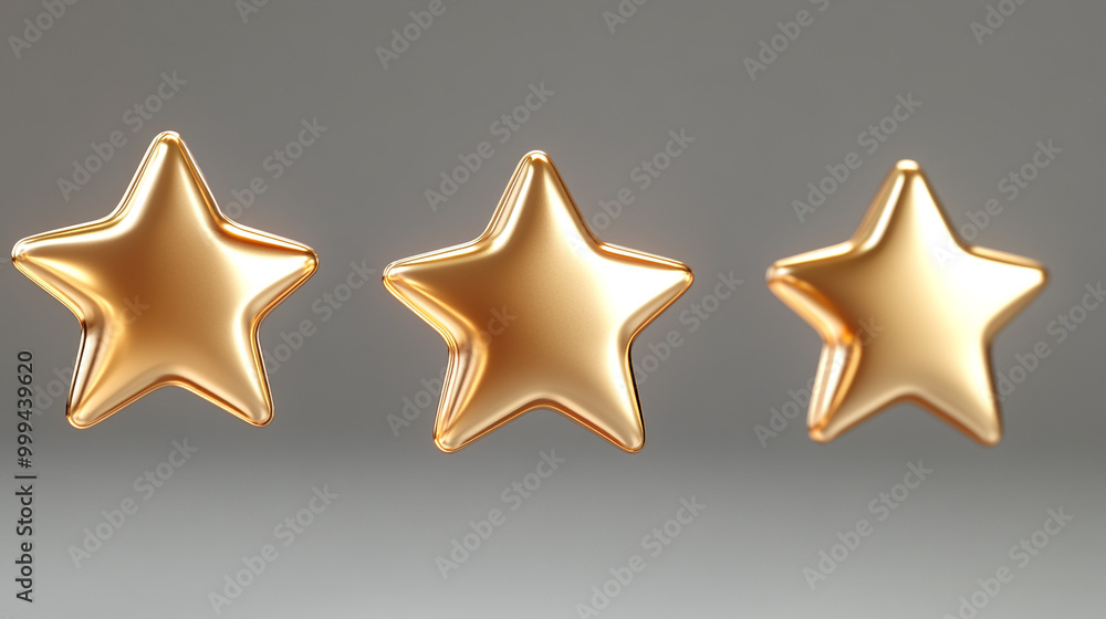 Three shiny gold stars arranged in a row on a smooth grey background for decorative purposes Three shiny gold stars arranged in a row on a smooth grey background for decorative purposes