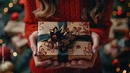 Close-up of hands holding a gift box, set against a festive holiday background