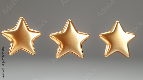 Three shiny gold stars arranged in a row on a smooth grey background for decorative purposes