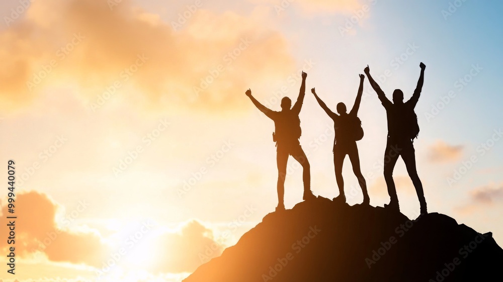 Silhouette of Hikers Celebrating on Mountain Peak Silhouette of Hikers Celebrating on Mountain Peak