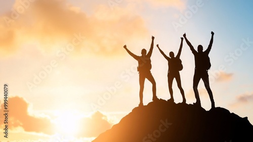 Silhouette of Hikers Celebrating on Mountain Peak