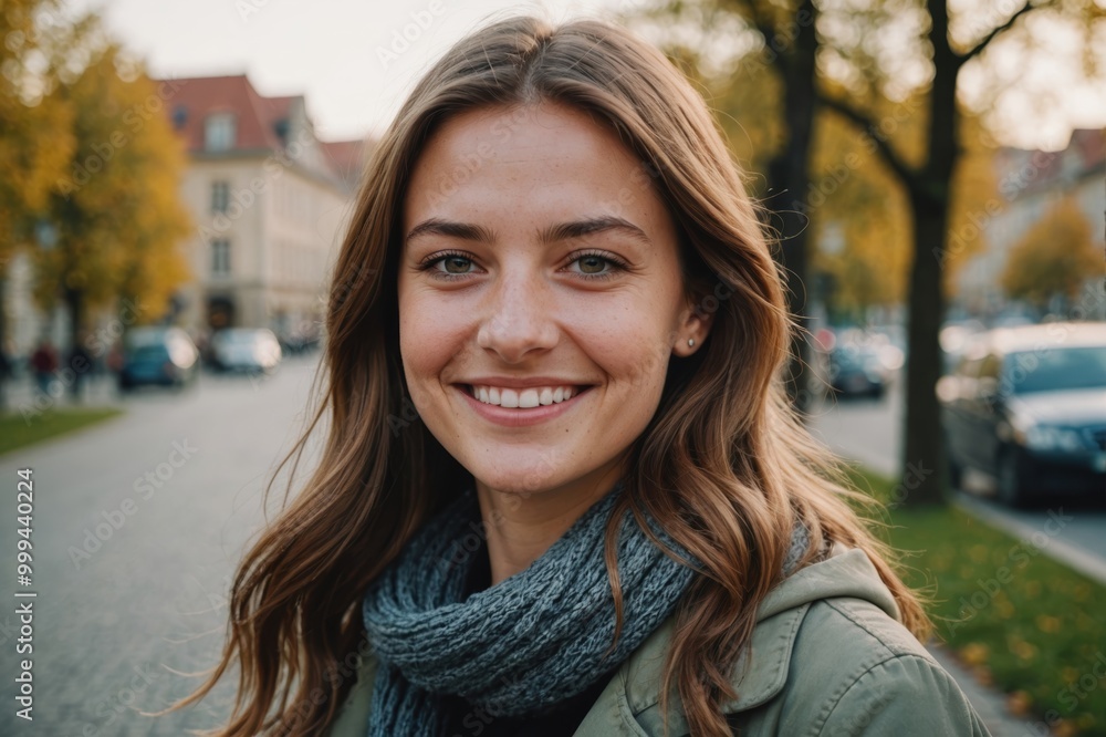 Close portrait of a smiling young Hungarian woman looking at the camera, Hungarian outdoors blurred background Close portrait of a smiling young Hungarian woman looking at the camera, Hungarian outdoors blurred background