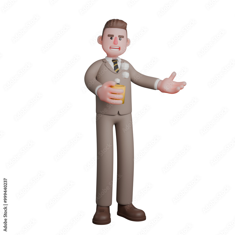 3D Judicial Enforcement Male Lawyer. A male lawyer stands holding a glass of drink with ice cubes in it, while one of his hands is stretched forward. Professional 3D Judicial Enforcement Male Lawyer. A male lawyer stands holding a glass of drink with ice cubes in it, while one of his hands is stretched forward. Professional