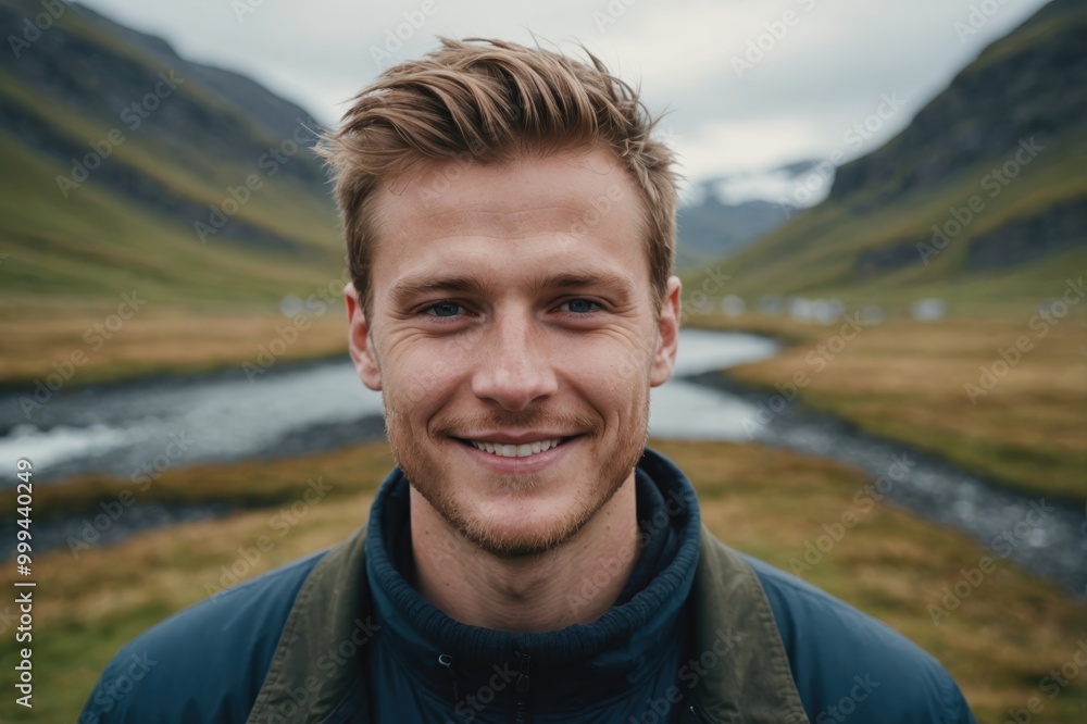 Close portrait of a smiling young Icelander man looking at the camera, Icelander outdoors blurred background Close portrait of a smiling young Icelander man looking at the camera, Icelander outdoors blurred background