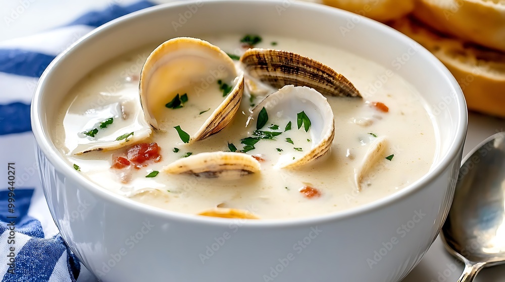 Creamy Clam Chowder Soup with Fresh Parsley in White Bowl