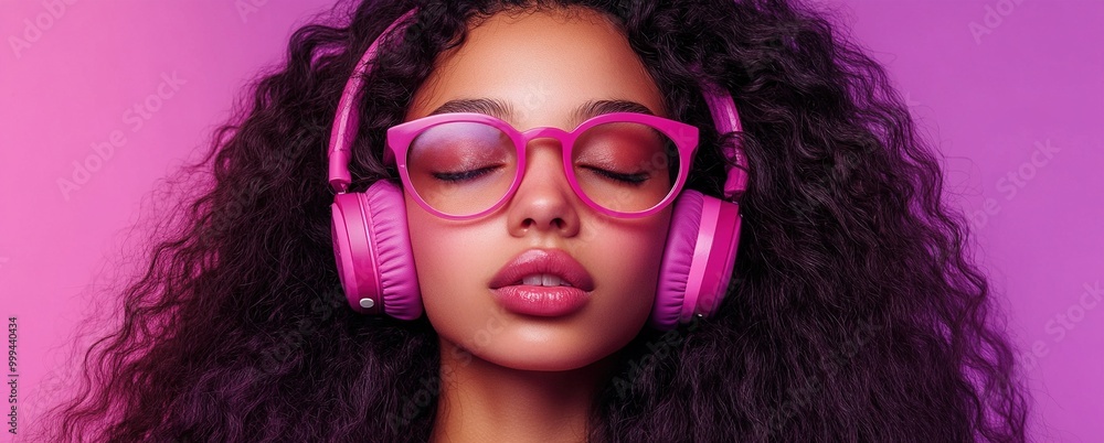 A young woman with long, curly hair and pink glasses wearing headphones on a purple background A young woman with long, curly hair and pink glasses wearing headphones on a purple background