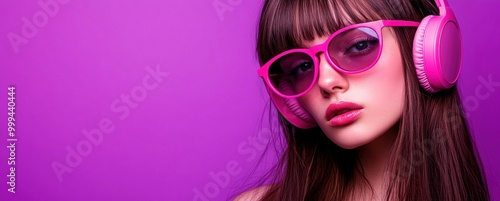 A young woman with long, curly hair and pink glasses wearing headphones on a purple background