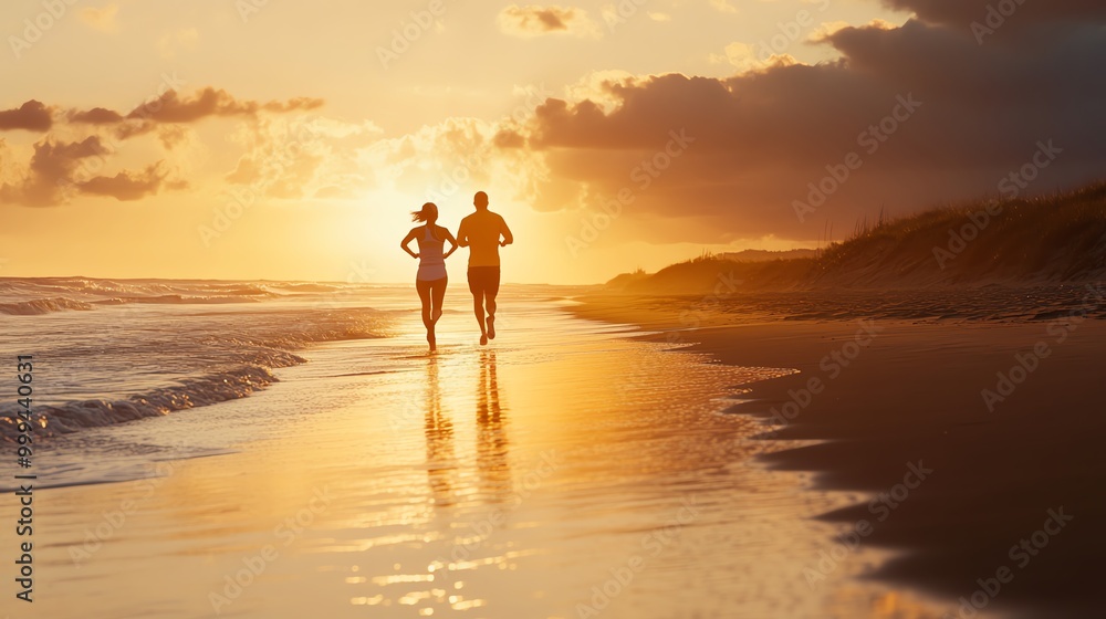 Fototapeta premium Couple jogging on beach at sunset