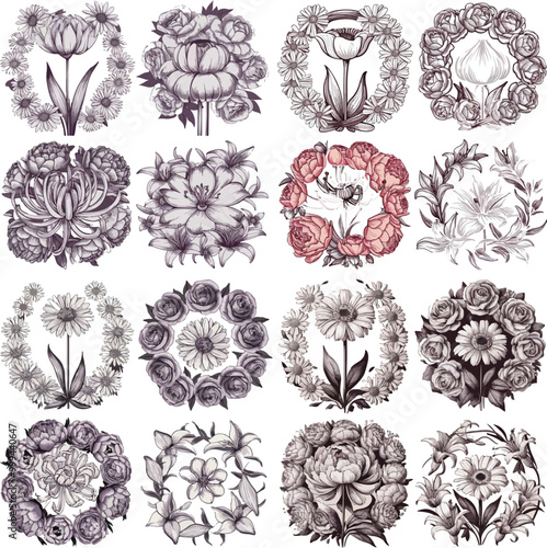 Black and White Line Art Illustration of Four Flower Variants with Floral Wreaths