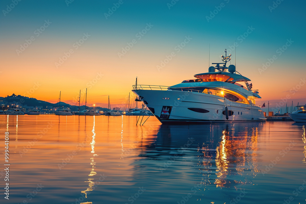 Fototapeta premium Luxury private motor yacht in tropical sea with soft blue wave on beautiful nature background