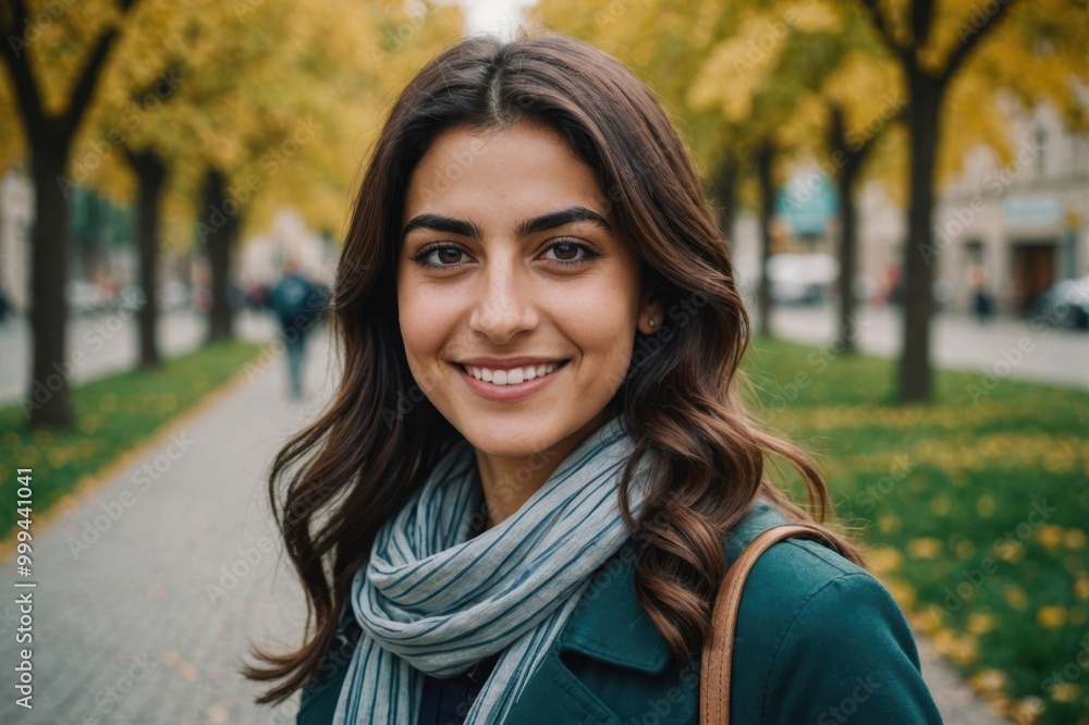 Close portrait of a smiling young Iranian woman looking at the camera, Iranian outdoors blurred background Close portrait of a smiling young Iranian woman looking at the camera, Iranian outdoors blurred background